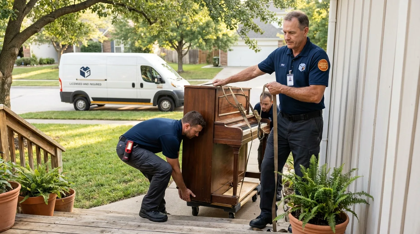 Licensed piano movers securing grand piano in Titusville, PA