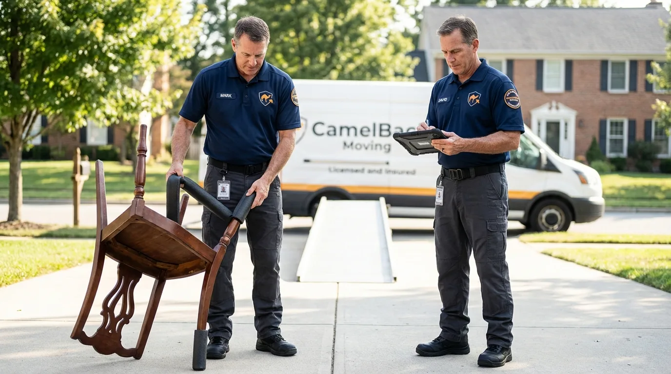 Movers inspecting furniture for damage prevention before loading in Titusville, PA