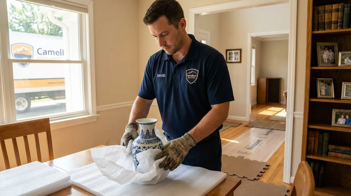Professional crew carefully wrapping antique vase for senior downsizing move in Titusville, PA