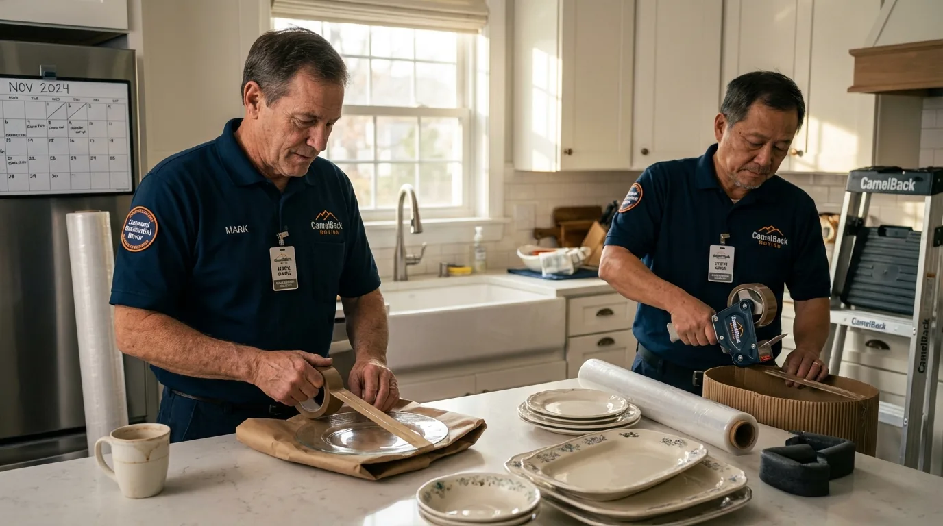 Professional crew packing kitchen dishware in Titusville, PA